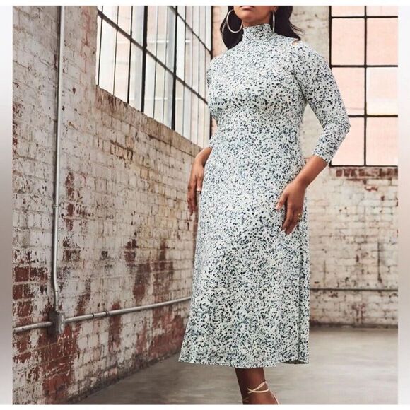 ELOQUII Dress Womens 16 Slash Shoulder Midi NEW Green Dot Print Long Sleeve - Picture 1 of 15